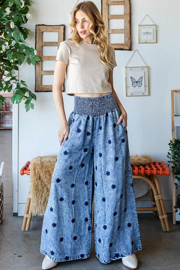 Oli & Hali Washed Embroidered Wide Leg Pants