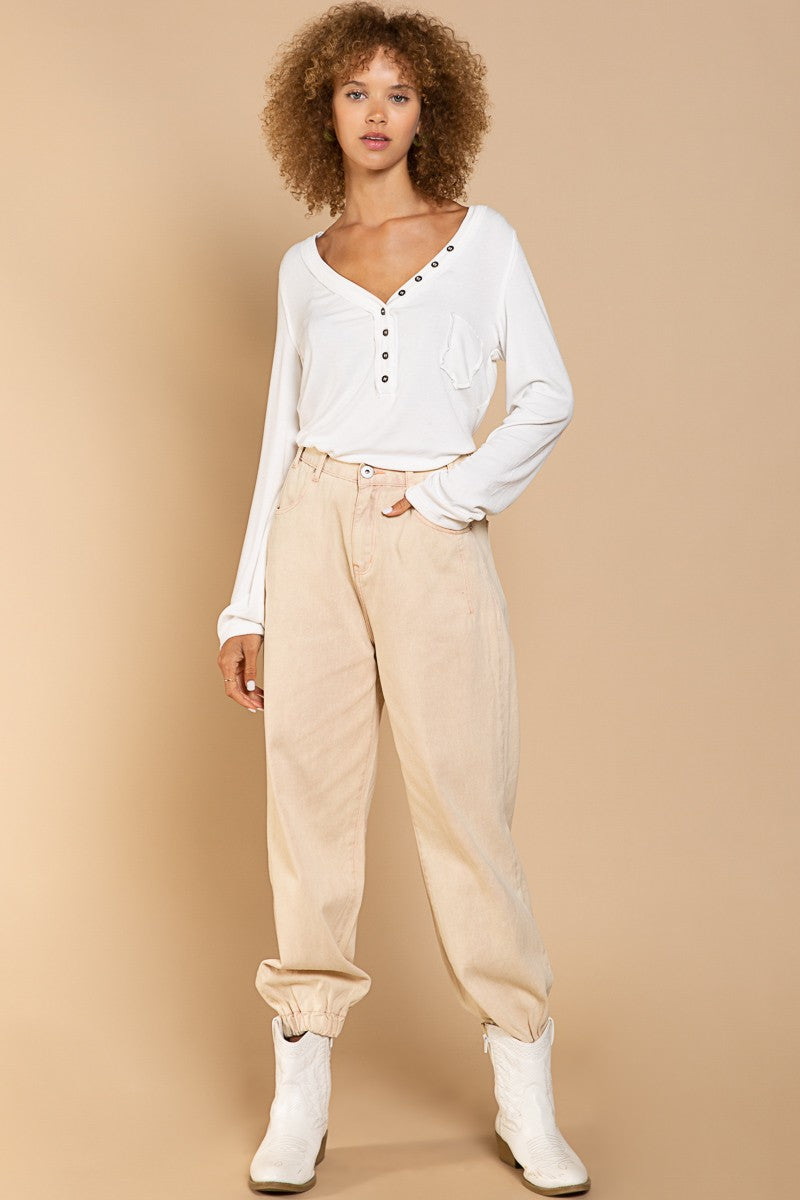 POL Button Placket Faux Pocket Oversized Fit Long Sleeve Top