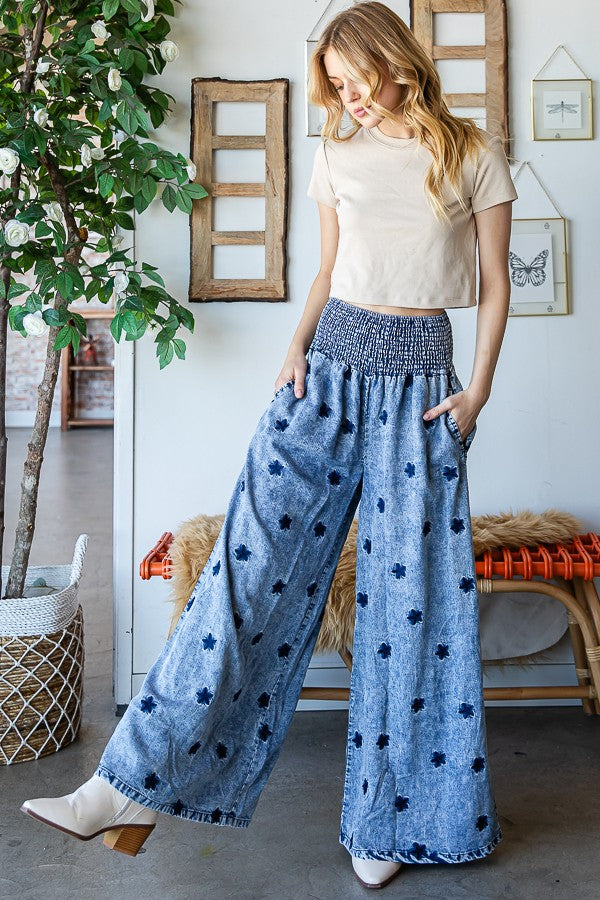 Oli & Hali Washed Embroidered Wide Leg Pants