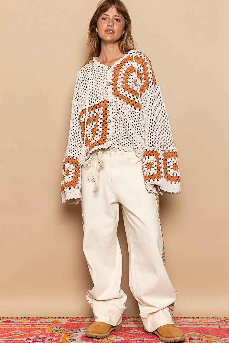 POL Hand Knit Squares Hooded Button Closure Cardigan Top