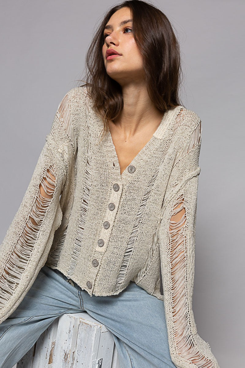 POL Long Sleeve Distressed Lace Trim V Neck Cardigan Top