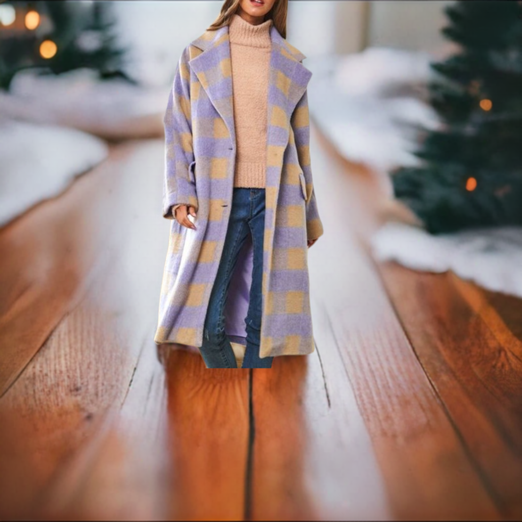 Davi & Dani Lavender Multi Plaid Lined Button Up Long Coat - Roulhac Fashion Boutique