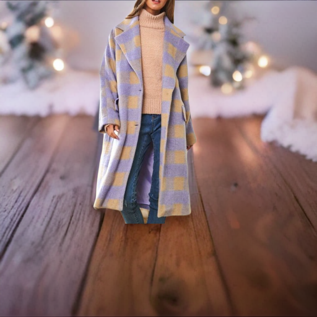 Davi & Dani Lavender Multi Plaid Lined Button Up Long Coat - Roulhac Fashion Boutique