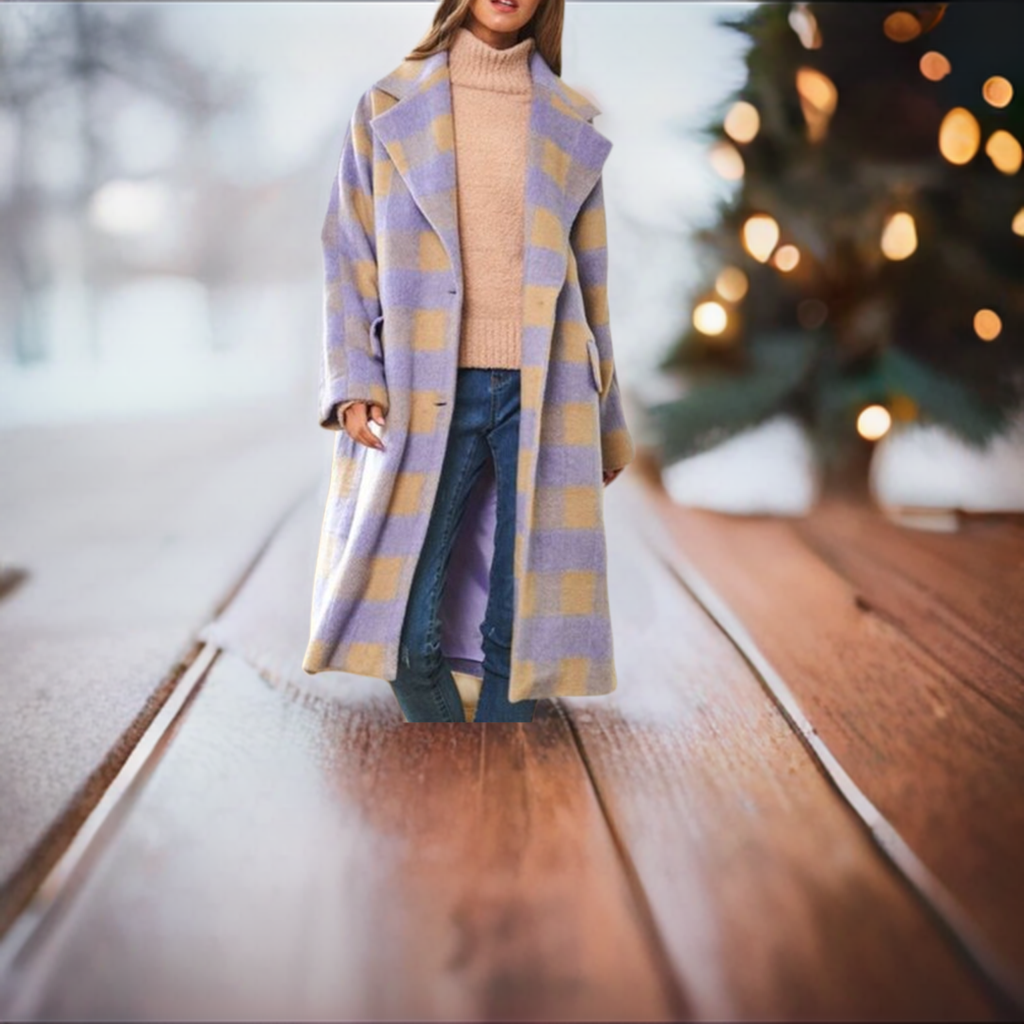 Davi & Dani Lavender Multi Plaid Lined Button Up Long Coat - Roulhac Fashion Boutique