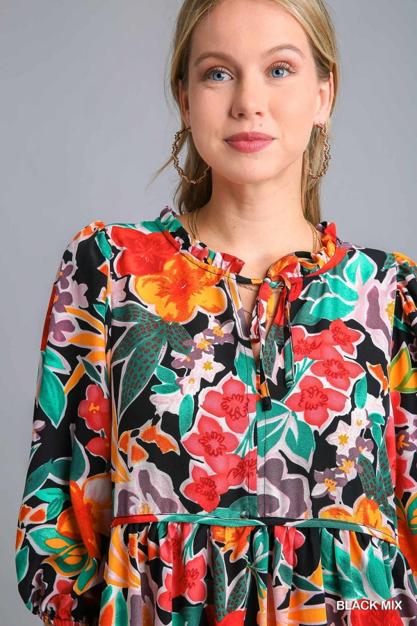 Umgee Black Mix Floral Print Peasant Midi Dress - Roulhac Fashion Boutique