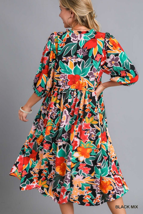Umgee Black Mix Floral Print Peasant Midi Dress - Roulhac Fashion Boutique