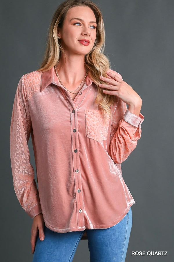 Umgee Rose Quartz Velvet Button Down Animal Print Sleeves Top - Roulhac Fashion Boutique