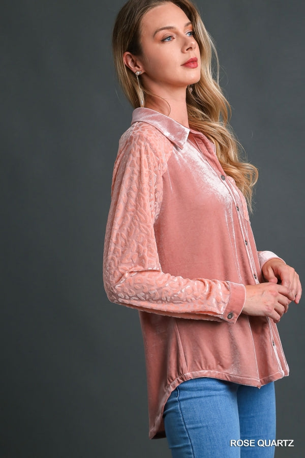 Umgee Rose Quartz Velvet Button Down Animal Print Sleeves Top - Roulhac Fashion Boutique
