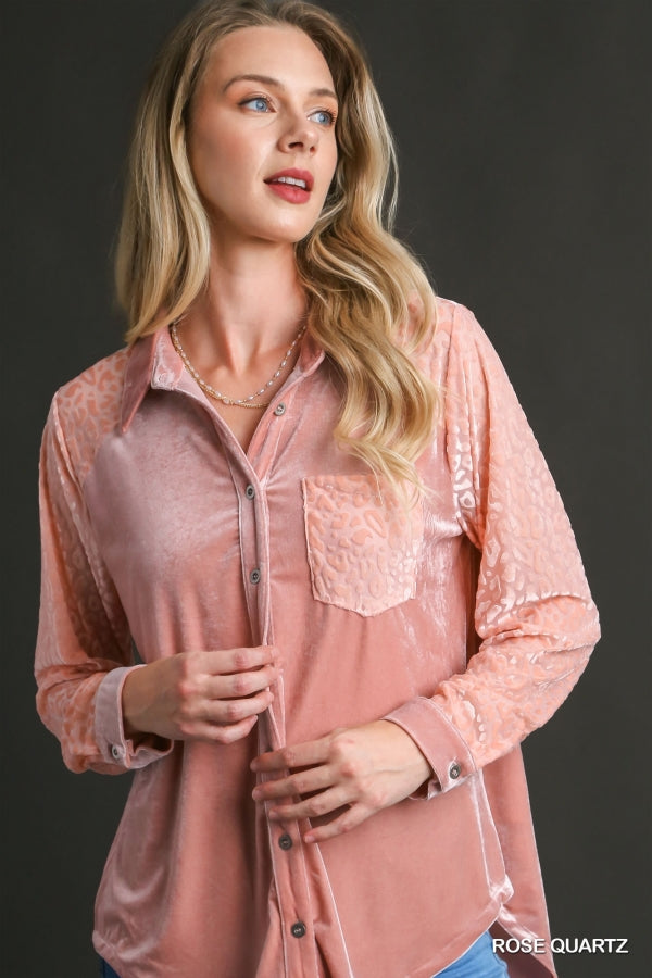 Umgee Rose Quartz Velvet Button Down Animal Print Sleeves Top - Roulhac Fashion Boutique