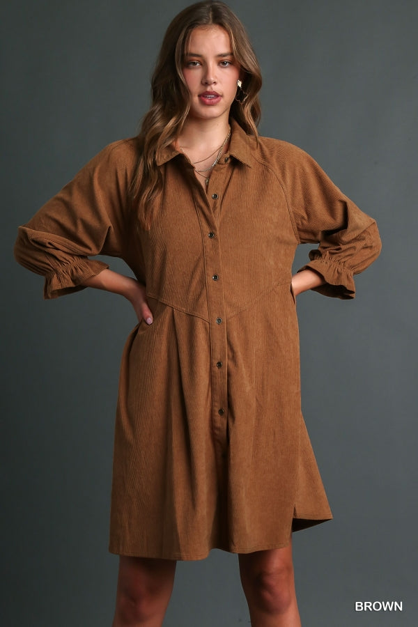 Umgee Corduroy Cuffed Sleeve Dress - Roulhac Fashion Boutique