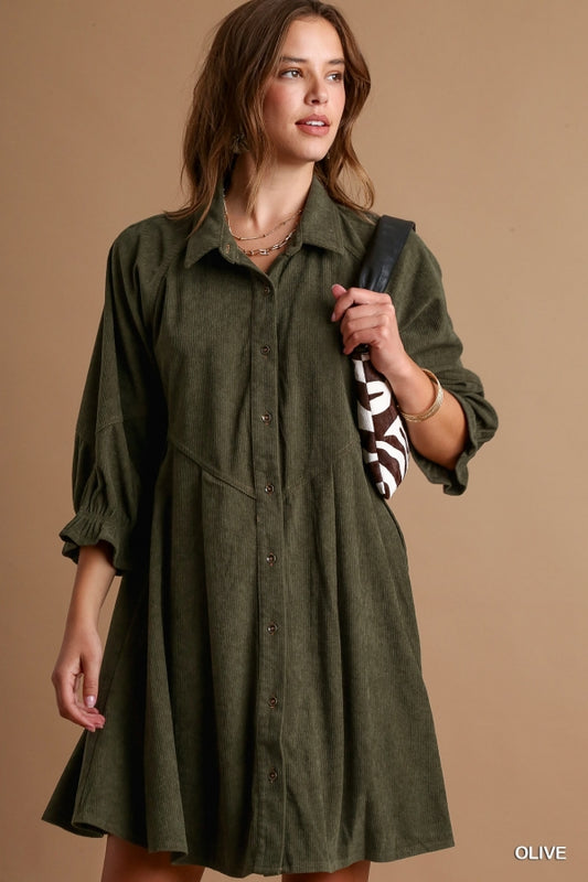 Umgee Corduroy Cuffed Sleeve Dress - Roulhac Fashion Boutique