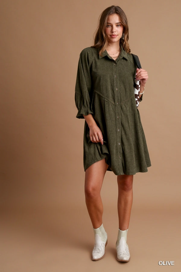Umgee Corduroy Cuffed Sleeve Dress - Roulhac Fashion Boutique