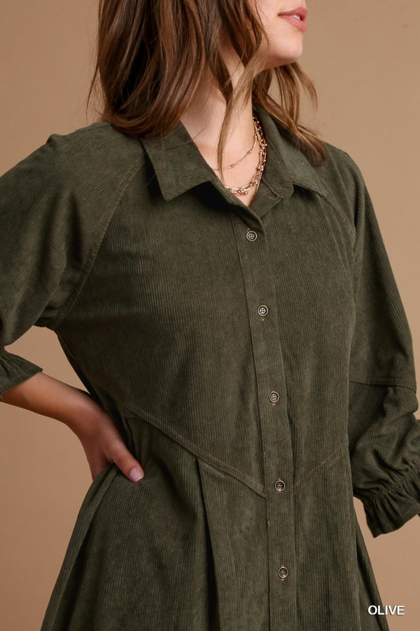 Umgee Corduroy Cuffed Sleeve Dress - Roulhac Fashion Boutique