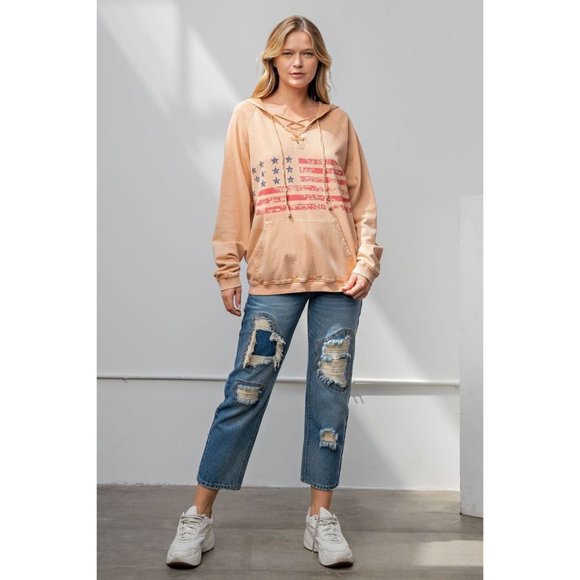 Easel Chai Latte Vintage Washed Terry Pullover Oversized Hoodie Top - Roulhac Fashion Boutique
