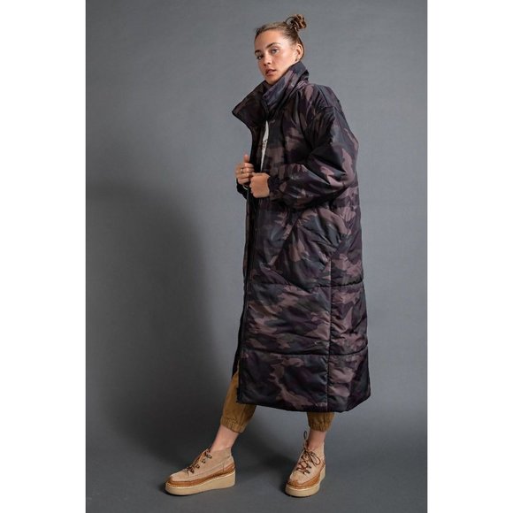 Easel Camouflage Printed Oversized Maxi Padding Full Zip Puffer Jacket - Roulhac Fashion Boutique