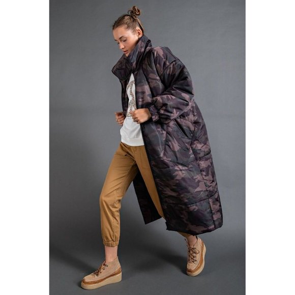 Easel Camouflage Printed Oversized Maxi Padding Full Zip Puffer Jacket - Roulhac Fashion Boutique