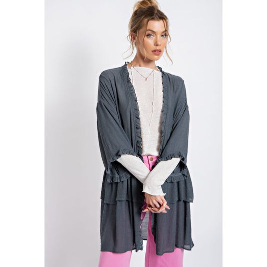 Easel Plus Size Ash Green Double Ruffled Long Cardigan - Roulhac Fashion Boutique