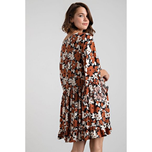 Easel Plus Size Coffee Floral Printed Challis Loose Fit Ruffled Dress - Roulhac Fashion Boutique