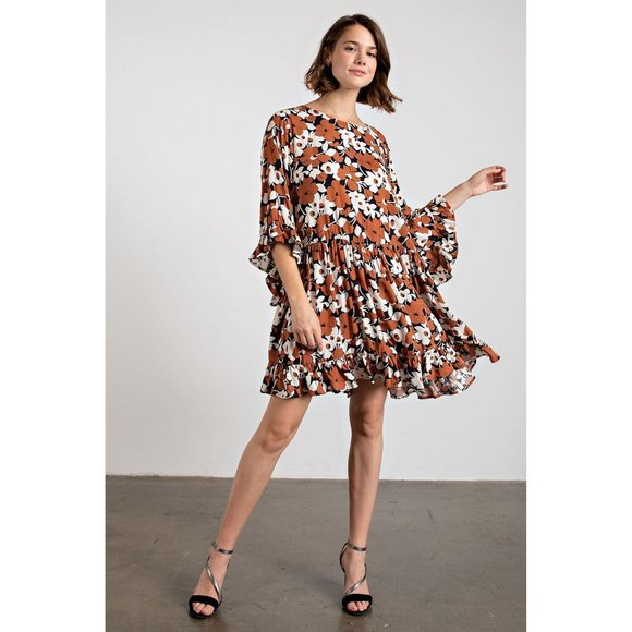 Easel Plus Size Coffee Floral Printed Challis Loose Fit Ruffled Dress - Roulhac Fashion Boutique