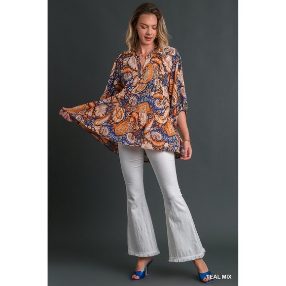 Umgee Teal Mix Paisley Tiered Babydoll Top - Roulhac Fashion Boutique