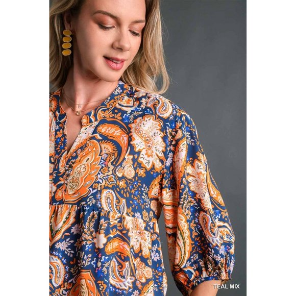 Umgee Teal Mix Paisley Tiered Babydoll Top - Roulhac Fashion Boutique