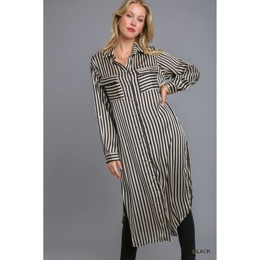 Umgee Black Striped Button Down Side Slit Midi Dress - Roulhac Fashion Boutique