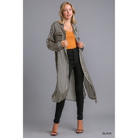 Umgee Black Striped Button Down Side Slit Midi Dress - Roulhac Fashion Boutique