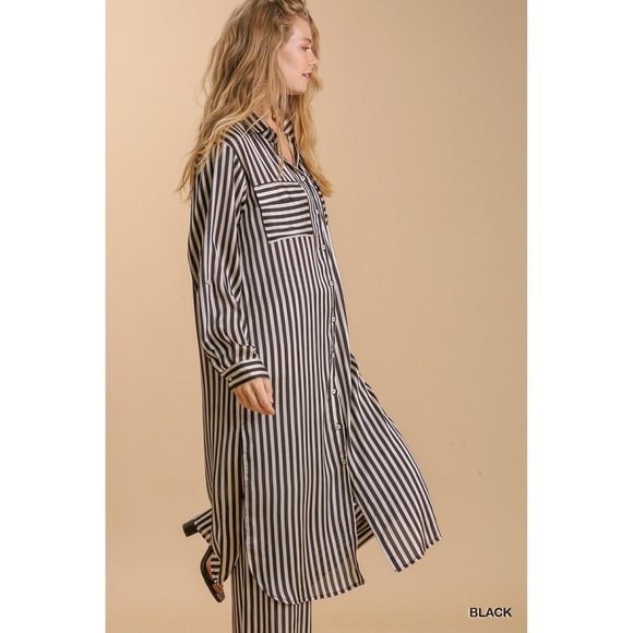 Umgee Black Striped Button Down Side Slit Midi Dress - Roulhac Fashion Boutique