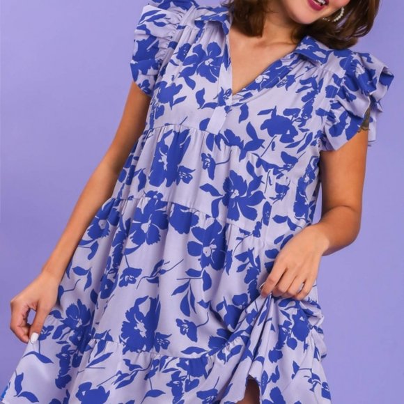 Umgee Plus Size Lavender Bold Floral Print Ruffled Sleeve Mini Dress - Roulhac Fashion Boutique
