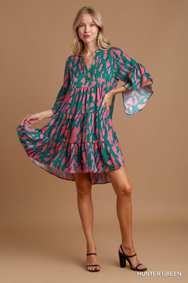 Umgee Hunter Green V-Notched Animal Print Tiered Dress - Roulhac Fashion Boutique