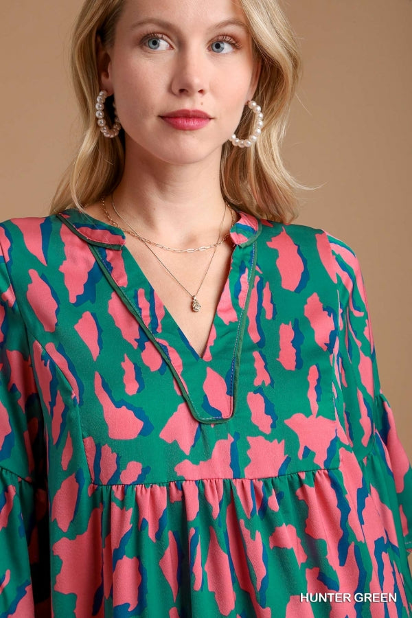 Umgee Hunter Green V-Notched Animal Print Tiered Dress - Roulhac Fashion Boutique