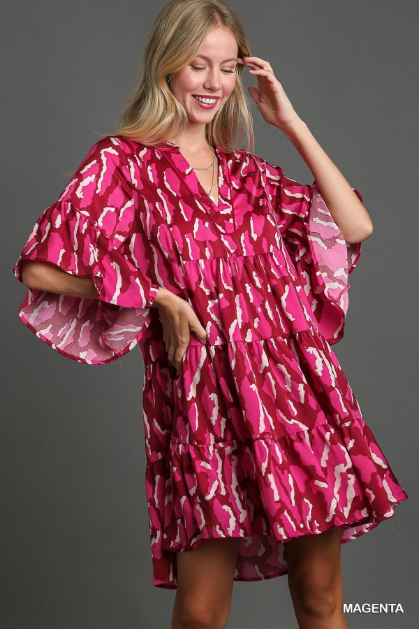 Umgee Magenta V-Notched Animal Print Tiered Dress - Roulhac Fashion Boutique