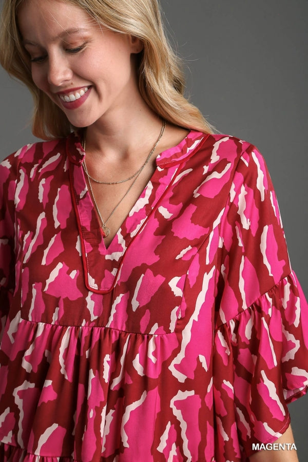 Umgee Magenta V-Notched Animal Print Tiered Dress - Roulhac Fashion Boutique