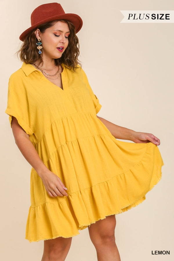 Umgee Plus Size Lemon Frayed Hem Tiered Dress - Roulhac Fashion Boutique