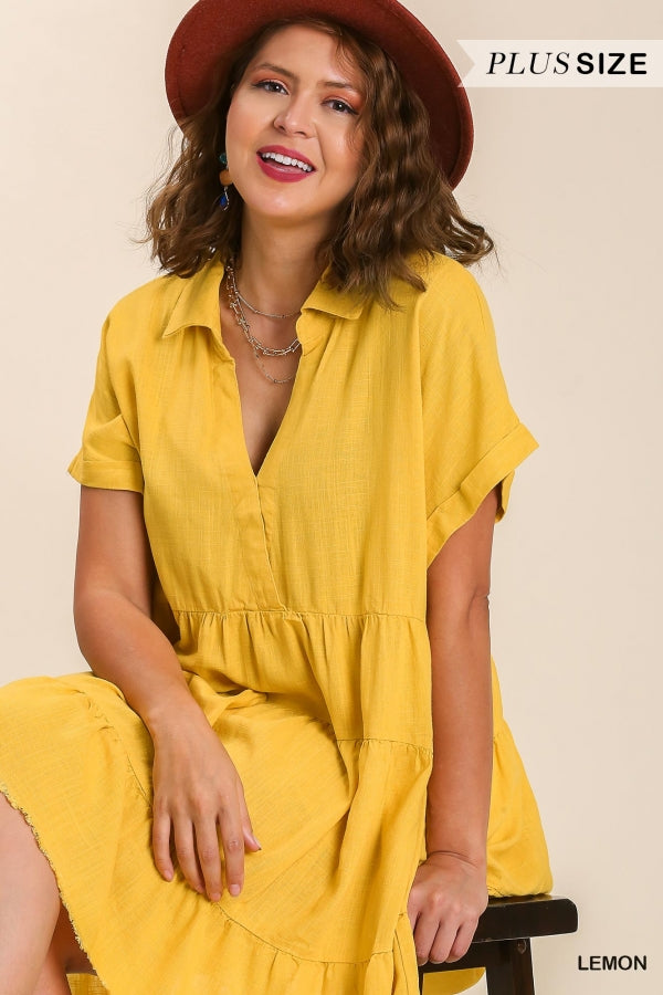 Umgee Plus Size Lemon Frayed Hem Tiered Dress - Roulhac Fashion Boutique