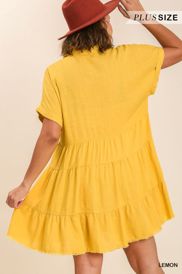 Umgee Plus Size Lemon Frayed Hem Tiered Dress - Roulhac Fashion Boutique