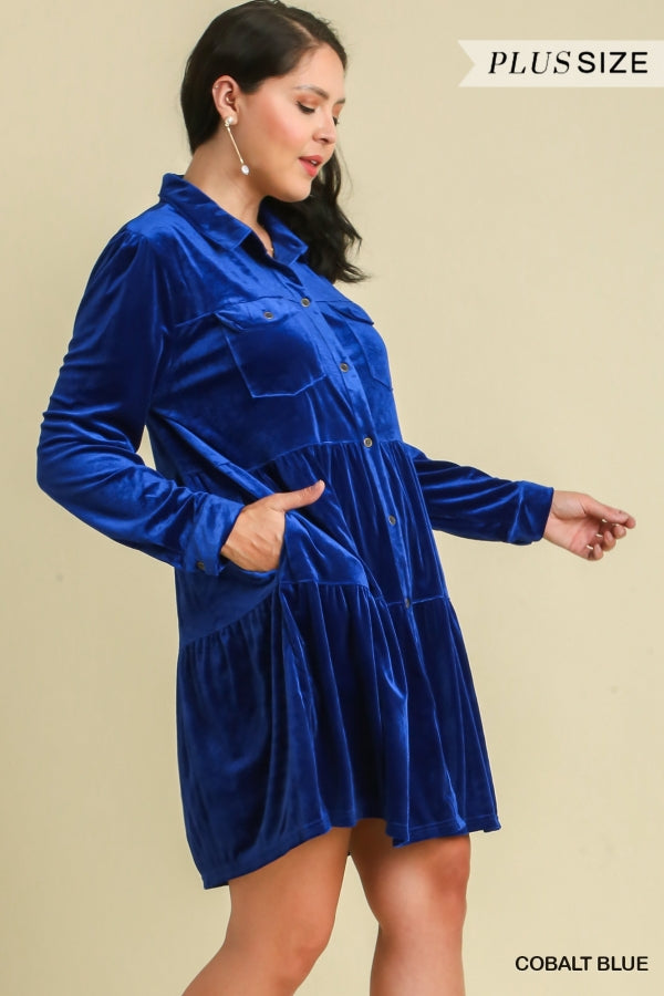 Umgee Plus Size Cobalt Blue Velvet Tiered Dress - Roulhac Fashion Boutique