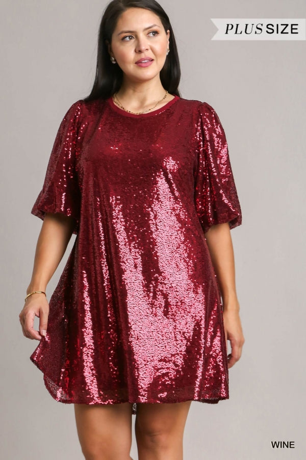 Umgee Plus Size Sequined Holiday Balloon Sleeve Dress - Roulhac Fashion Boutique