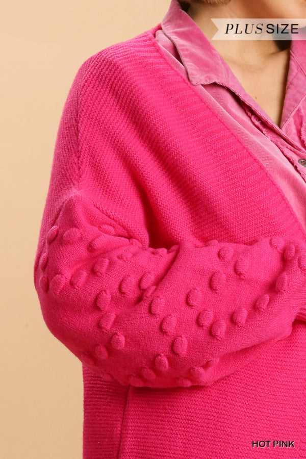 Umgee Plus Size Hot Pink Open Front Pom Pom Sweater - Roulhac Fashion Boutique