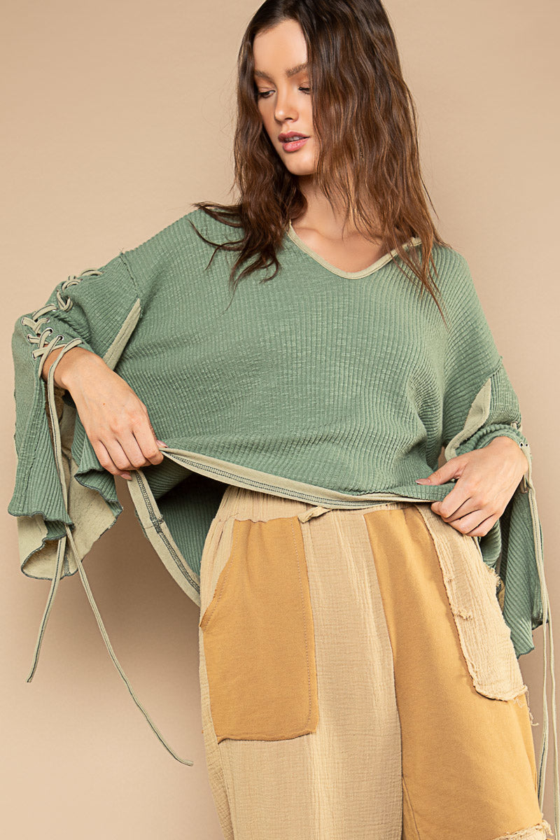 POL Pickle Green Notched Neck Lace-Up Sleeve Color Block Rib Knit Oversized Top - Roulhac Fashion Boutique