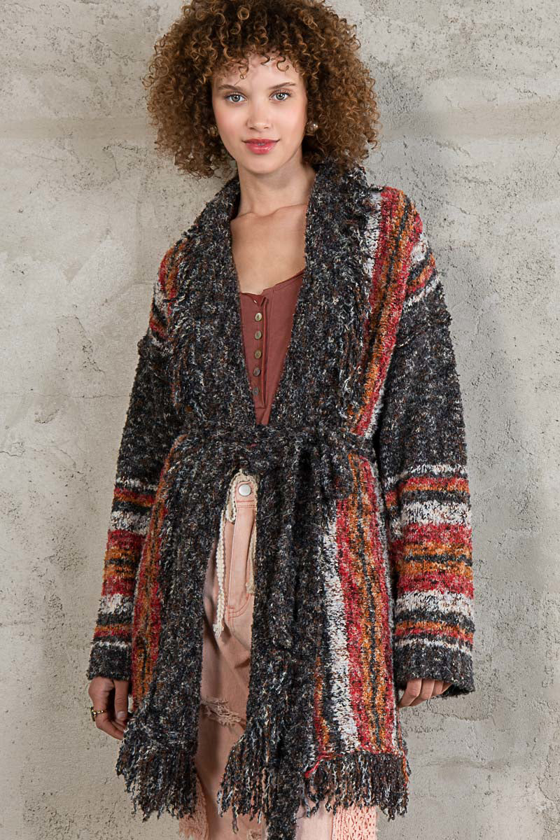 POL Black/Red Multi Waist Tie Multi Color Fringe Cardigan Sweater - Roulhac Fashion Boutique