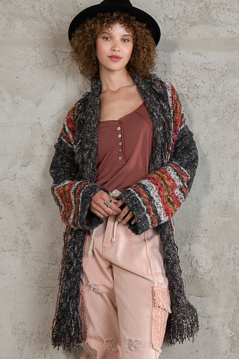 POL Black/Red Multi Waist Tie Multi Color Fringe Cardigan Sweater - Roulhac Fashion Boutique