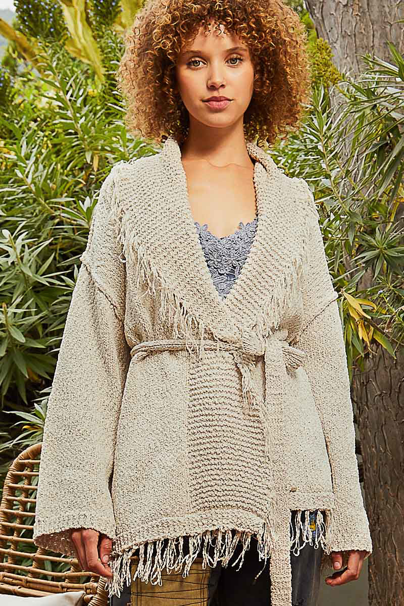 POL Light Taupe Open Front Shawl Collar Waist Tie Cardigan Sweater - Roulhac Fashion Boutique