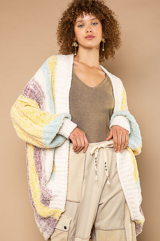 POL Ivory Lemon Color Block Round Open Berber Fleece Out Seam Cardigan Sweater - Roulhac Fashion Boutique