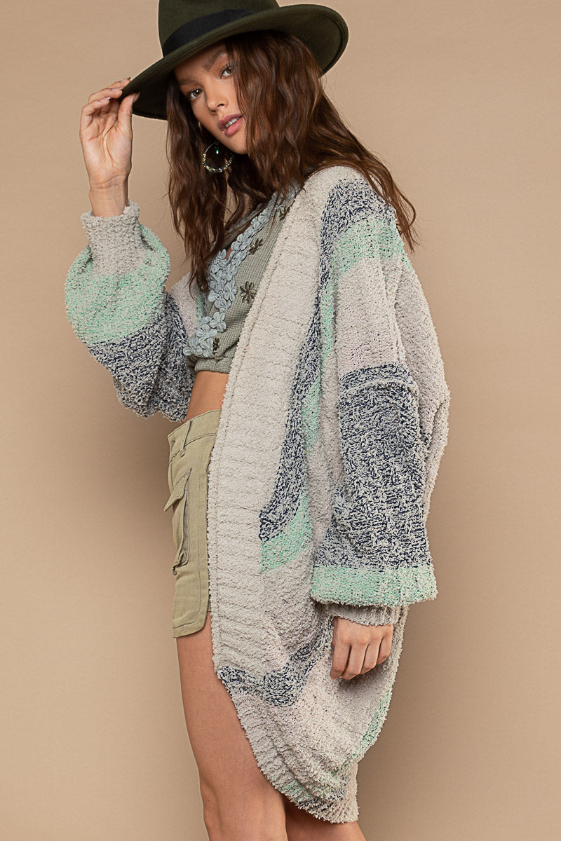 POL Taupe Navy Color Block Round Opening Berber Fleece Out Seam Cardigan Sweater - Roulhac Fashion Boutique