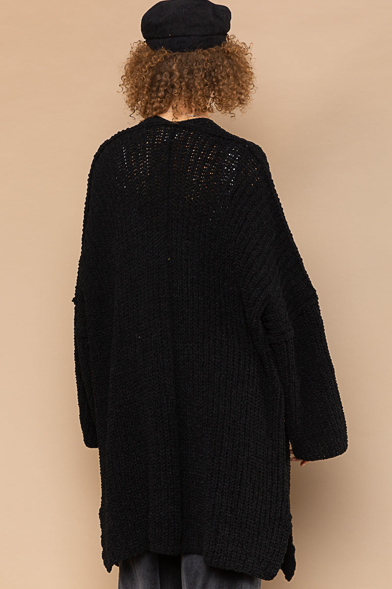 POL Black Dropped Shoulders Pockets Relaxed Fit Out Seam Cardigan Sweater - Roulhac Fashion Boutique