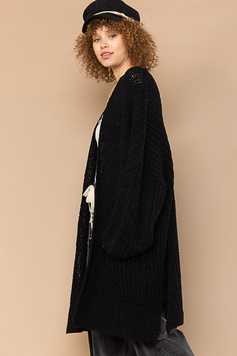POL Black Dropped Shoulders Pockets Relaxed Fit Out Seam Cardigan Sweater - Roulhac Fashion Boutique