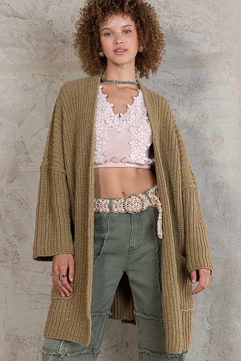 POL Black Dropped Shoulders Pockets Relaxed Fit Out Seam Cardigan Sweater - Roulhac Fashion Boutique