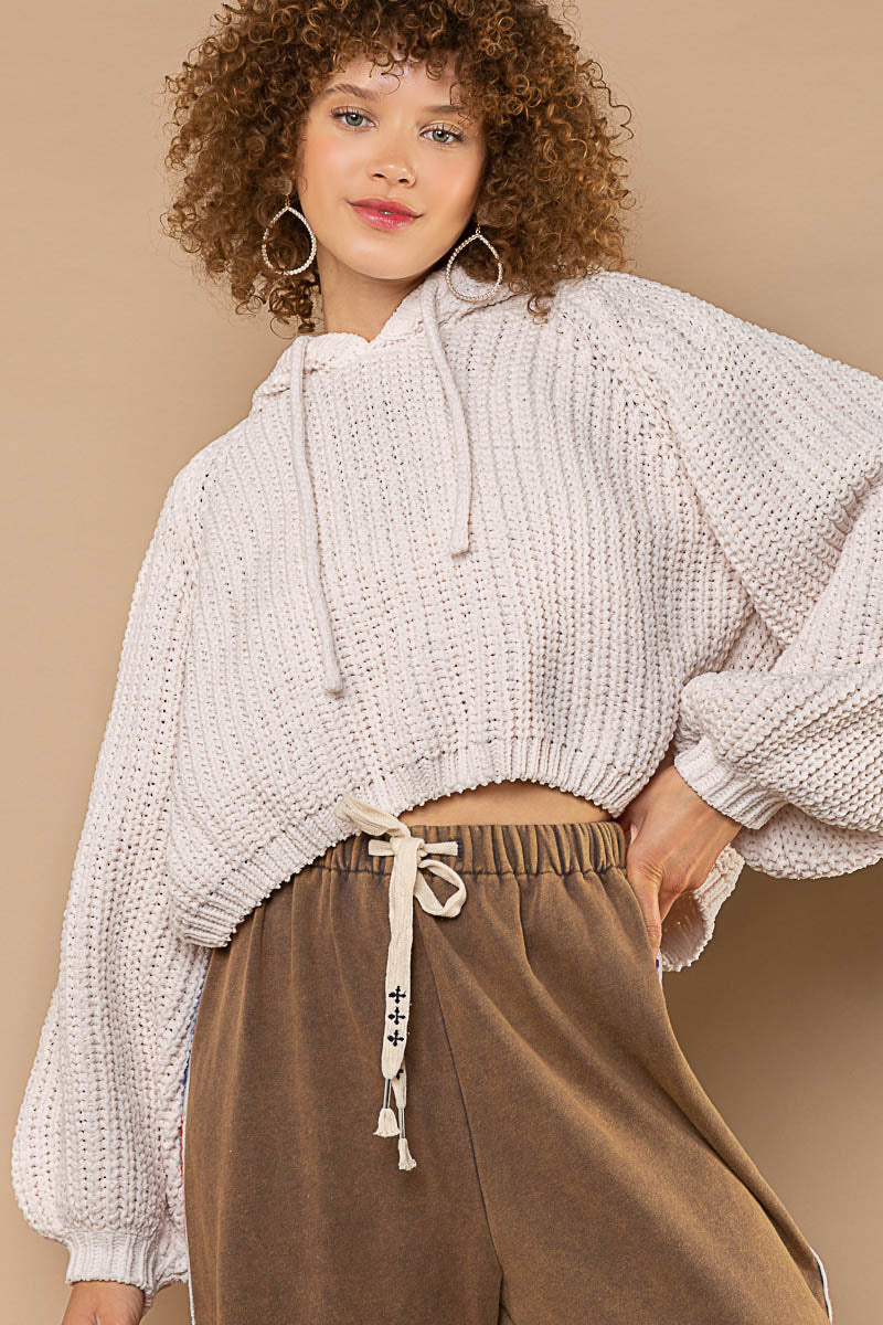 POL Powder Cream Tacked Long Sleeve Hooded Back Open Slit Sweater - Roulhac Fashion Boutique