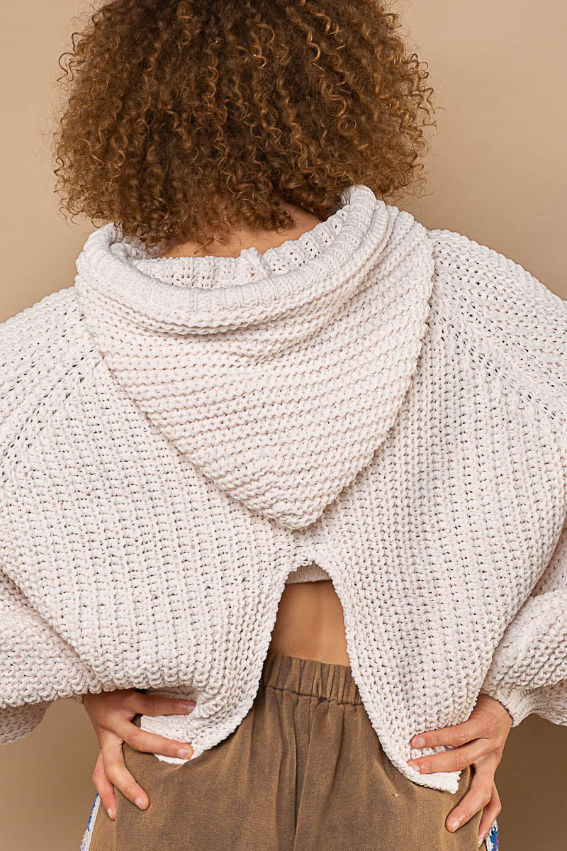 POL Powder Cream Tacked Long Sleeve Hooded Back Open Slit Sweater - Roulhac Fashion Boutique